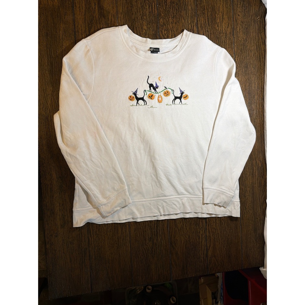 Holiday Editions Halloween Black Cat Pumpkin Embroidered Sweatshirt White XL